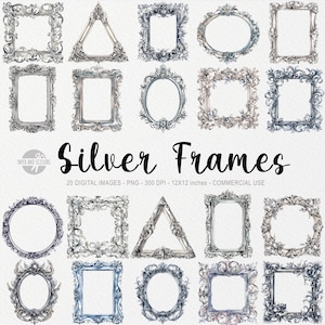 May include: Twenty silver frames in various shapes, including circles, squares, rectangles, and triangles. The frames are ornate and have a watercolor effect. The frames are 12 inches by 12 inches and are 300 DPI.