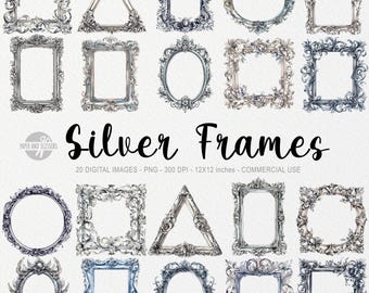 May include: Twenty silver frames in various shapes, including circles, squares, rectangles, and triangles. The frames are ornate and have a watercolor effect. The frames are 12 inches by 12 inches and are 300 DPI.