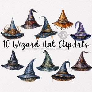 10 Wizard Hats ClipArt, Watercolor Wizard Hat PNG, Halloween ClipArt, Halloween PNG, Witch Hat PNG, Witchcraft, Halloween clothes Png