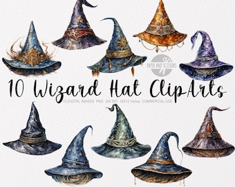 10 Wizard Hats ClipArt, Watercolor Wizard Hat PNG, Halloween ClipArt, Halloween PNG, Witch Hat PNG, Witchcraft, Halloween clothes Png