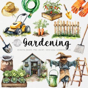 Jardinagem Clipart, Aquarela Jardinagem PNG, Hobby Clipart, Download Digital, Scrapbooking, Jardim, Colheita, Cultura, Agricultura, Botânica, Flores