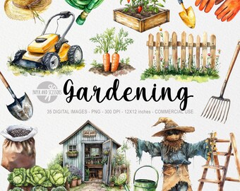 Clipart de jardinería, PNG de jardinería en acuarela, Clipart de pasatiempos, Descarga digital, Scrapbooking, Jardín, Cosecha, Cultivo, Agricultura, Botánica, Flores