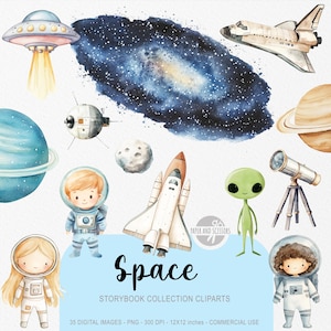 35 niedliche Weltraum ClipArt, Aquarell Bilder, Nachthimmel Kinderzimmer, Planeten, Geburtstagsparty einladen & Dekor, sofortiger Download