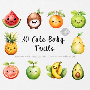 30 lindos imágenes prediseñadas de frutas para bebés, frutas PNG, frutas de acuarela, PNG para niños, imágenes prediseñadas de libros para niños, libros para niños, frutas Kawaii, arte de bebé de dibujos animados lindo