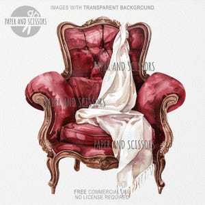 May include: Watercolor illustration of a red armchair with ornate wooden trim. A white blanket is draped over the chair. The image has the text "IMAGES WITH TRANSPARENT BACKGROUND", "PAPER AND SCISSORS", and "FREE COMMERCIAL USE NO LICENSE REQUIRED".