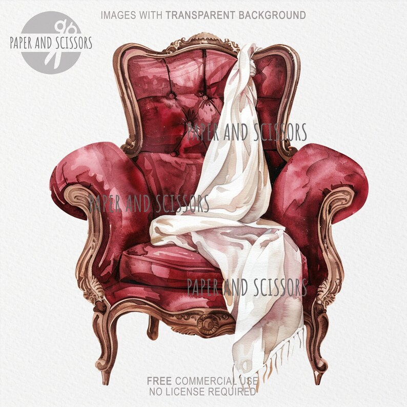 May include: Watercolor illustration of a red armchair with ornate wooden trim. A white blanket is draped over the chair. The image has the text "IMAGES WITH TRANSPARENT BACKGROUND", "PAPER AND SCISSORS", and "FREE COMMERCIAL USE NO LICENSE REQUIRED".