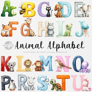 May include: A colorful animal alphabet illustration featuring letters A through U, each adorned with a corresponding animal. The image includes a crocodile, bee, cat, dog, elephant, fox, giraffe, hippo, frog, and jellyfish. The text "Animal Alphabet" is also present.