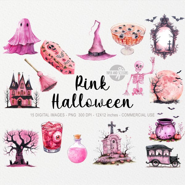 15 Pink Halloween ClipArt, Halloween PNG, Spooky Decor, Watercolor Scary Haunted Design, Coffin, Graveyard, Ghost, Skeleton, Coquette Pink