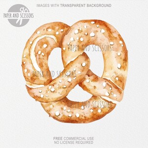 May include: Watercolor illustration of a pretzel with a transparent background. The pretzel is a golden brown color with white salt crystals. The image includes the text "IMAGES WITH TRANSPARENT BACKGROUND", "PAPER AND SCISSORS", and "FREE COMMERCIAL USE NO LICENSE REQUIRED".