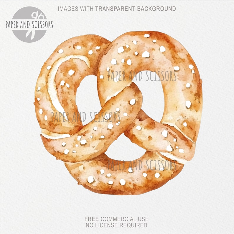 May include: Watercolor illustration of a pretzel with a transparent background. The pretzel is a golden brown color with white salt crystals. The image includes the text "IMAGES WITH TRANSPARENT BACKGROUND", "PAPER AND SCISSORS", and "FREE COMMERCIAL USE NO LICENSE REQUIRED".