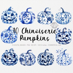 10 chinoiserie-pompoen ClipArts, Halloween PNG, herfstontwerp PNG, aquarelillustratie, herfstsublimatie, commerciële licentie