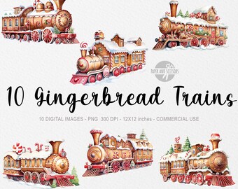 10 Christmas Gingerbread Train ClipArt, Gingerbread Train PNG, Gingerbread Train illustration, Watercolor Gingerbread Train, Kid's Train