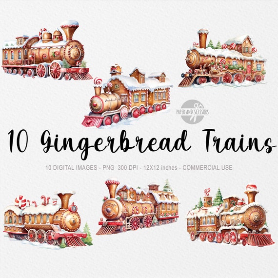 10 Christmas Gingerbread Train ClipArt, Gingerbread Train PNG, Gingerbread Train illustration, Watercolor Gingerbread Train, Kid's Train