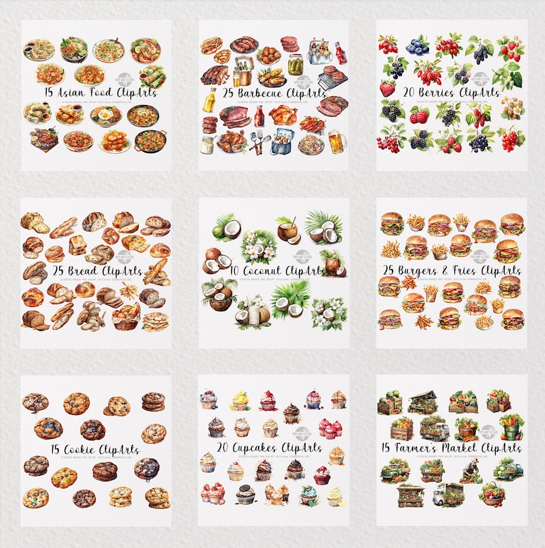 May include: A collection of watercolour illustrations featuring various food items, including Asian food, barbecue, berries, bread, coconut, burgers and fries, cookies, cupcakes, and farmer's market produce. Each illustration is labelled with the number of clipart images included in the set.