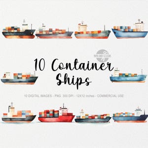 10 Clipart di navi portacontainer, barca acquerello PNG, nautico, traghetto, crociera, arredamento per bambini, download digitale, adesivi marini, oceano, estate