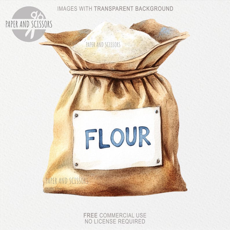 May include: A watercolor illustration of a brown burlap sack filled with white flour. The sack has a white label with the word "FLOUR" printed in blue.