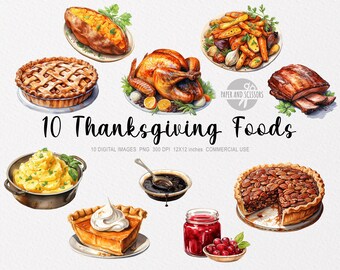 10 Thanksgiving Food ClipArts, Thanksgiving PNG, Thanksgiving illustration, Watercolor Thanksgiving food, Turkey ClipArt, Turkey PNG