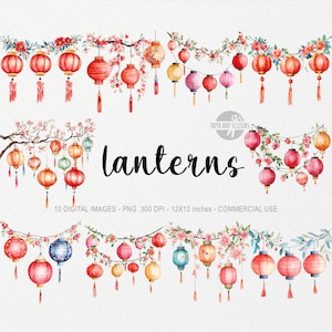 10 imágenes prediseñadas de linternas chinas, guirnalda PNG, decoración del Año Nuevo Lunar, festival de acuarela, lámpara de linterna, decoración asiática tradicional, arte de comida china