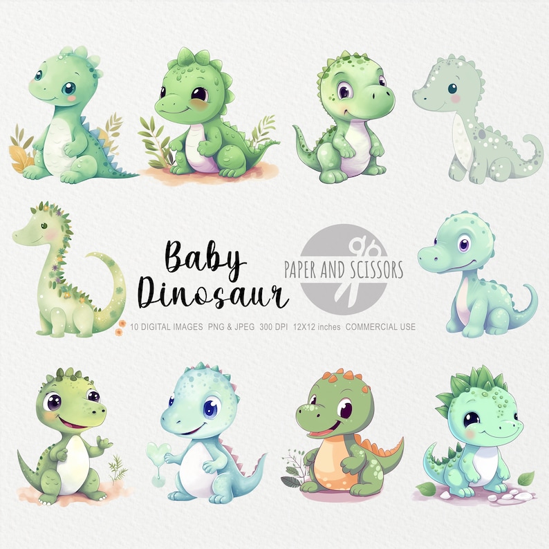 May include: Ten digital illustrations of cute baby dinosaurs in various poses. The dinosaurs are green, blue, and orange with floral accents. The illustrations are perfect for crafting projects, scrapbooking, and digital design.