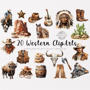20 Western ClipArts, Western PNG, Western illustration, Watercolor Western, Cowboy PNG, Cowboy ClipArt, Wild West Clipart Bundle