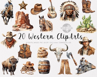 20 Western ClipArts, Western PNG, Western illustration, Watercolor Western, Cowboy PNG, Cowboy ClipArt, Wild West Clipart Bundle