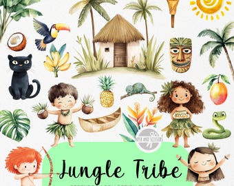 Jungle Tribe Watercolor Clipart, Tropical Kids PNG, Tiki Safari Rainforest Animals, Palm Tree Hut Toucan Panther, Storybook Nursery Bundle
