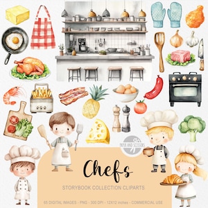 以下が含まれることがあります： キッチンシーン、食べ物、シェフをフィーチャーした水彩イラスト65点セット。絵本、子供向けの本、その他のクリエイティブなプロジェクトの作成に最適です。イラストはカートゥーンスタイルで、さまざまな色が使用されています。