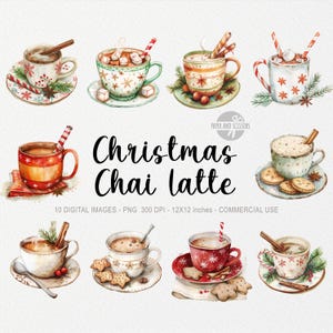 10 Christmas Chai Late ClipArts, Filiżanki do herbaty PNG, Jedzenie i napoje w Wigilię, Dekoracja jesienna, Przytulny wystrój domu, Kolacja świąteczna