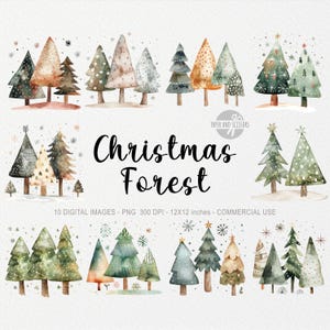 10 ClipArt di foresta di Natale, albero di Natale acquerello, arredamento nordico, design scandinavo, bosco, arte astratta, bordo da fiaba, stampa Hygge