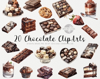 Puede incluir: Un conjunto de 20 imágenes digitales de clipart de chocolate. Las imágenes incluyen barras de chocolate, pastel de chocolate, trufas de chocolate, mousse de chocolate y galletas con chispas de chocolate. Las imágenes están en un estilo de acuarela y son perfectas para usar en scrapbooking digital, creación de tarjetas y otros proyectos de manualidades.