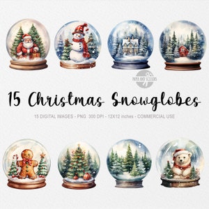 15 Schneekugeln ClipArt, Aquarell Schneekugeln PNG, Weihnachtsillustration, Weihnachtsmann PNG, Lebkuchen, Bär, Weihnachtsbaum, Winter ClipArt