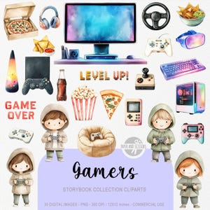 35 söta spelklipp, akvarell spelberättelser, spelkvällsbarnrum, dekoration för pojkfestrum, födelsedagsfestinbjudan och dekor, direktnedladdning