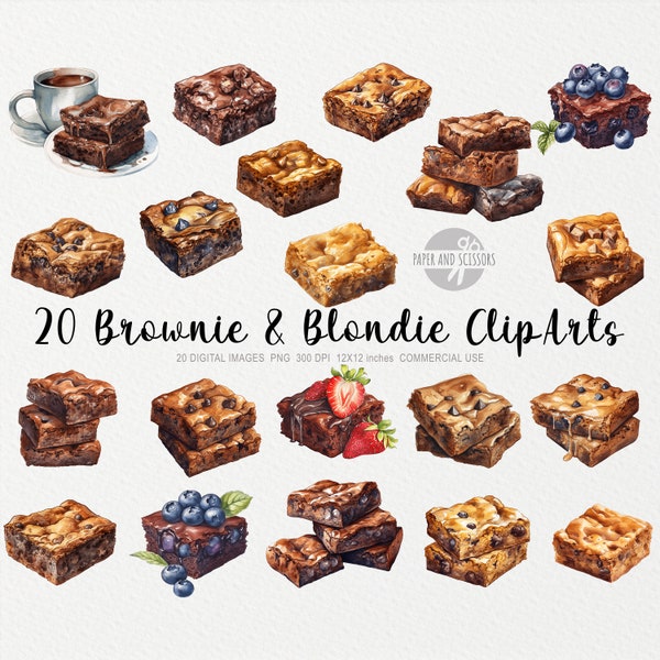 20 Brownies and Blondies ClipArt, Brownie PNG, Blondie ClipArt, Watercolor Brownie, Cake PNG, Food ClipArt, Dessert ClipArt, Bakery PNG,