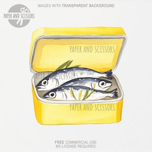 May include: A yellow tin can with the words "PAPER AND SCISSORS" printed on the side. The can is open and contains three silver fish with green sprigs of seaweed.