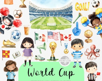55 Fußball ClipArt, Aquarell Bilderbuch, WM-Kinderzimmer, Sport-Geburtstagsfeier-Einladung & Dekoration, Sofort-Download kommerzielle Lizenz