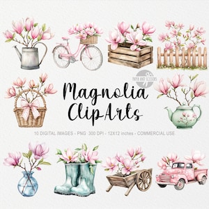 10 cliparts magnolia, fleur PNG, illustration de printemps, impression bohème aquarelle, décoration florale, jardin, Pâques Cottagecore, noeud de carnet Coquette
