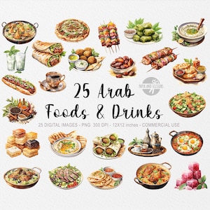 25 ClipArts de comida árabe, PNG de comida exótica, Ilustración de comida árabe, Platos árabes de acuarela, Shawarma, Hummus, Falafel, Descarga instantánea