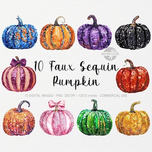 10 imágenes prediseñadas de calabaza con lentejuelas falsas, PNG de Halloween, PNG de diseño de otoño, ilustración de acuarela, sublimación de otoño, licencia comercial, Glitter Mama
