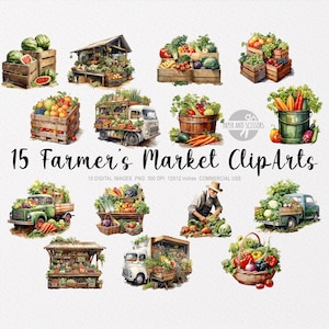15 Farmers Market ClipArt, Farmers Market PNG, Farmers Market illustration, Watercolor Farmers Market, Fruits PNG, Vegetables PNG, Farm