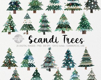 May include: Twenty digital images of Scandinavian-style Christmas trees in various shades of green, blue, and white with white snowflakes and red ornaments. The trees are 12x12 inches and 300 DPI.
