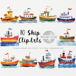10 Clipart di navi, PNG di traghetti, acquerello carino, piccolo marinaio, pilota, trasporto via acqua, baby shower, sublimazione, arredamento per la cameretta dei bambini, ragazzo, capitano