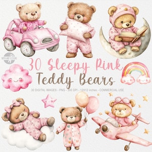 30 Baby Pink Sleepy Teddy Bear Watercolor Clipart, Teddy Bear PNG, Pink Teddy Bear illustration,Nursery Decor,Girl Baby Shower,Baby Birthday