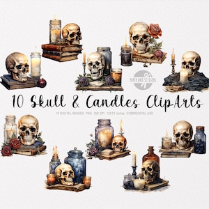 10 Skull & Candle ClipArt, Skull PNG, Watercolor Skull illustration, Candle PNG, Candle ClipArt, Halloween PNG, Halloween ClipArt, Spooky