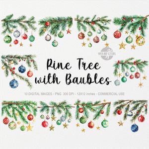 10 branches de pin de Noël avec boules PNG, carte de Noël imprimable, bordure de vacances, guirlande aquarelle, illustration d'arbre de Noël