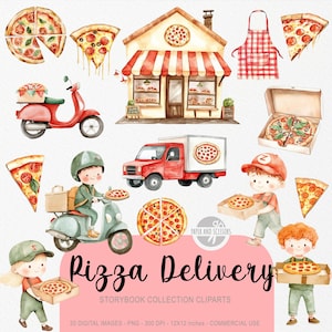 May include: Watercolor illustration featuring pizza slices, a pizza shop, delivery vehicles, and pizza delivery people. The text "Pizza Delivery" is displayed prominently. The image includes a red scooter and a red truck.