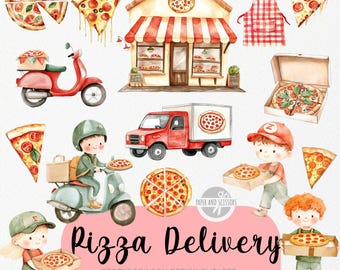 20 Pizza Lieferung ClipArts, Aquarell Bilderbuch PNG, Essen Aufkleber, Niedlich Kochen, Kinderzimmer, Babyparty, kommerzielle Lizenz, einfach herunterzuladen
