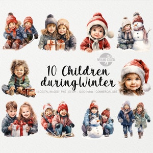 10 kinderen tijdens de winter ClipArt, aquarel kinderen PNG, kerst ClipArt, vakantie ClipArt, Winter ClipArt, schattige kinderen, baby, sneeuwpop, slee