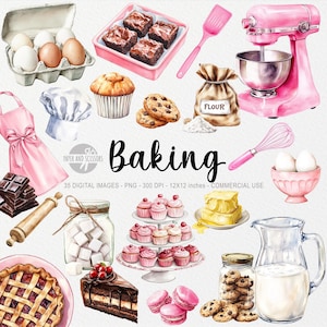 May include: A collection of watercolour illustrations of baking supplies and treats. The illustrations include a pink stand mixer, a rolling pin, a bowl of eggs, a jar of sugar cubes, a bag of flour, a cake tin with brownies, a plate of cookies, a jug of milk, a pie, a cake, cupcakes, macarons, and a whisk. The text "Baking" is written in black cursive.