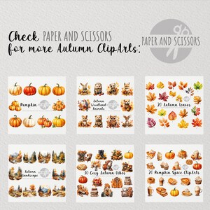 May include: A collection of 6 digital clip art sets featuring autumn themes. The sets include pumpkins, woodland animals, leaves, landscapes, cozy vibes, and pumpkin spice.