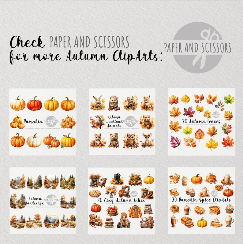 May include: A collection of 6 digital clip art sets featuring autumn themes. The sets include pumpkins, woodland animals, leaves, landscapes, cozy vibes, and pumpkin spice.
